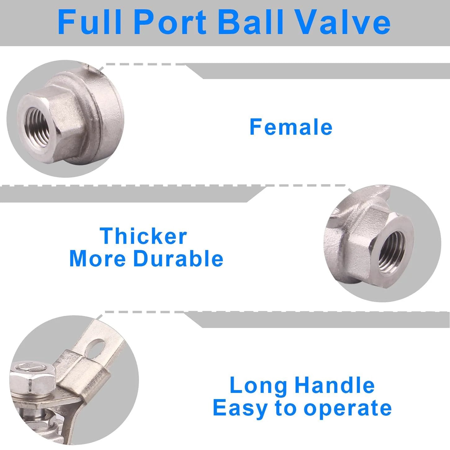 Close-up of Heavy Duty Full Port Stainless Steel Ball Valve Set With Locking Device Two Pack 304 Grade components and handle.