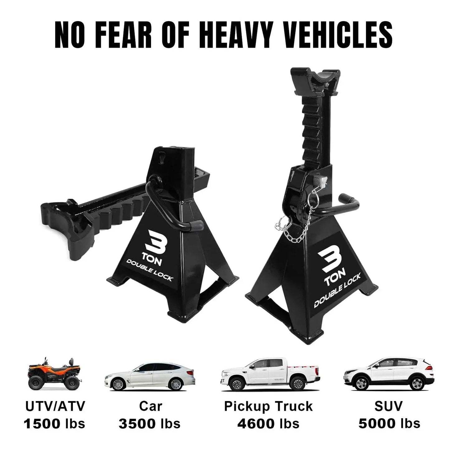 Heavy Duty 3 Ton Steel Jack Stands With Double Locking Pins 2 Pack supporting up to 3-ton vehicles with double locks and steel frame
