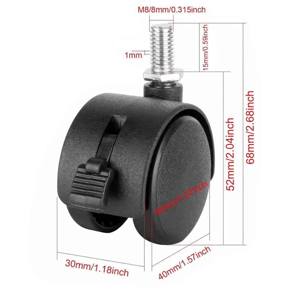 Swivel Caster Wheels 4 Pack With Black Nylon Wheels And M8 Threaded Stem 15kg Load Capacity Per Wheel Heavy Duty Swivel Casters For Furniture Tables Cabinets And Shelves 1.5 Inch Stem With Brake showing dimensions of wheel and stem