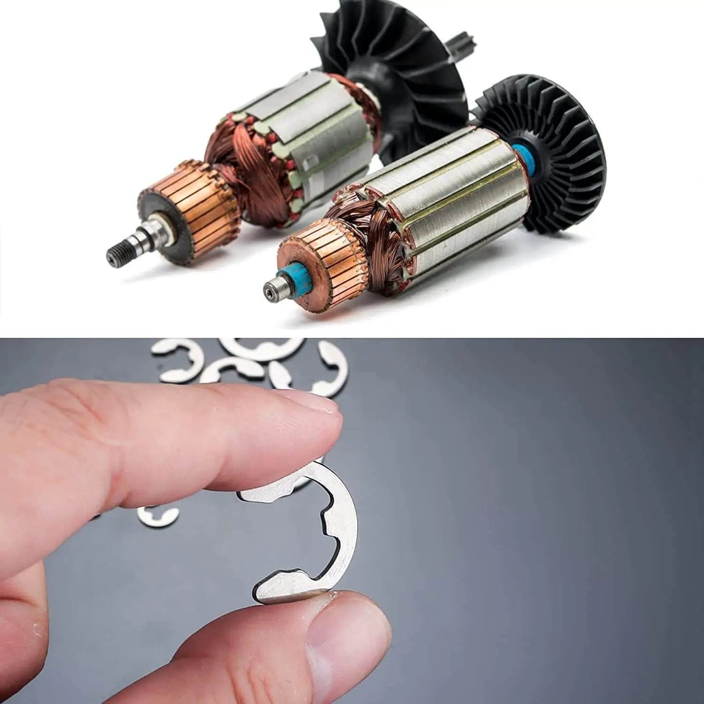 Close-up of Premium Stainless Steel E Clips Kit With 200 Pcs External Circlips, showing clip in hand and machinery components.