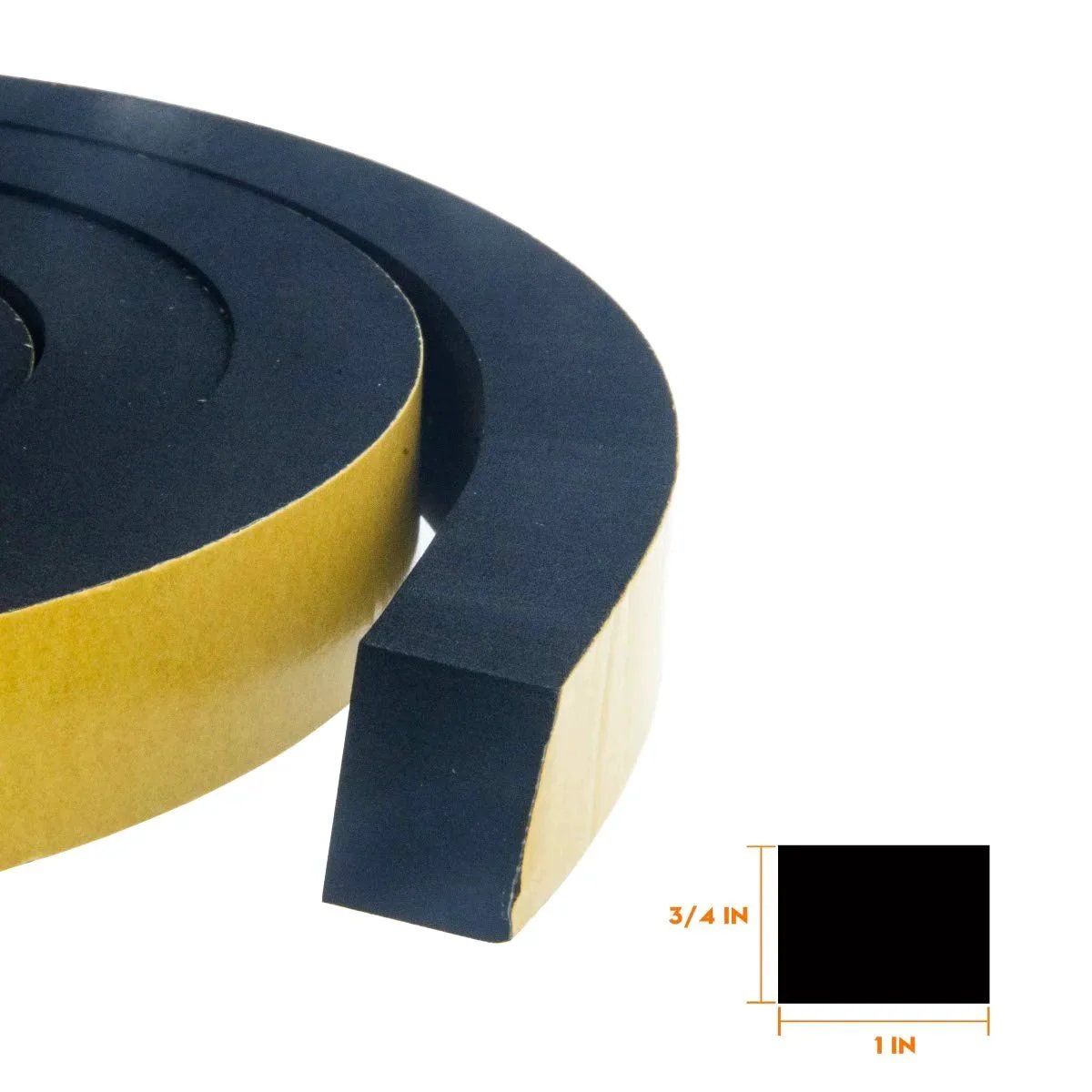 Close-up of Weather Stripping Foam Tape 2 Pack 1 Inch Wide And Three Quarter Inch Thick With Adhesive, showing foam and dimensions.