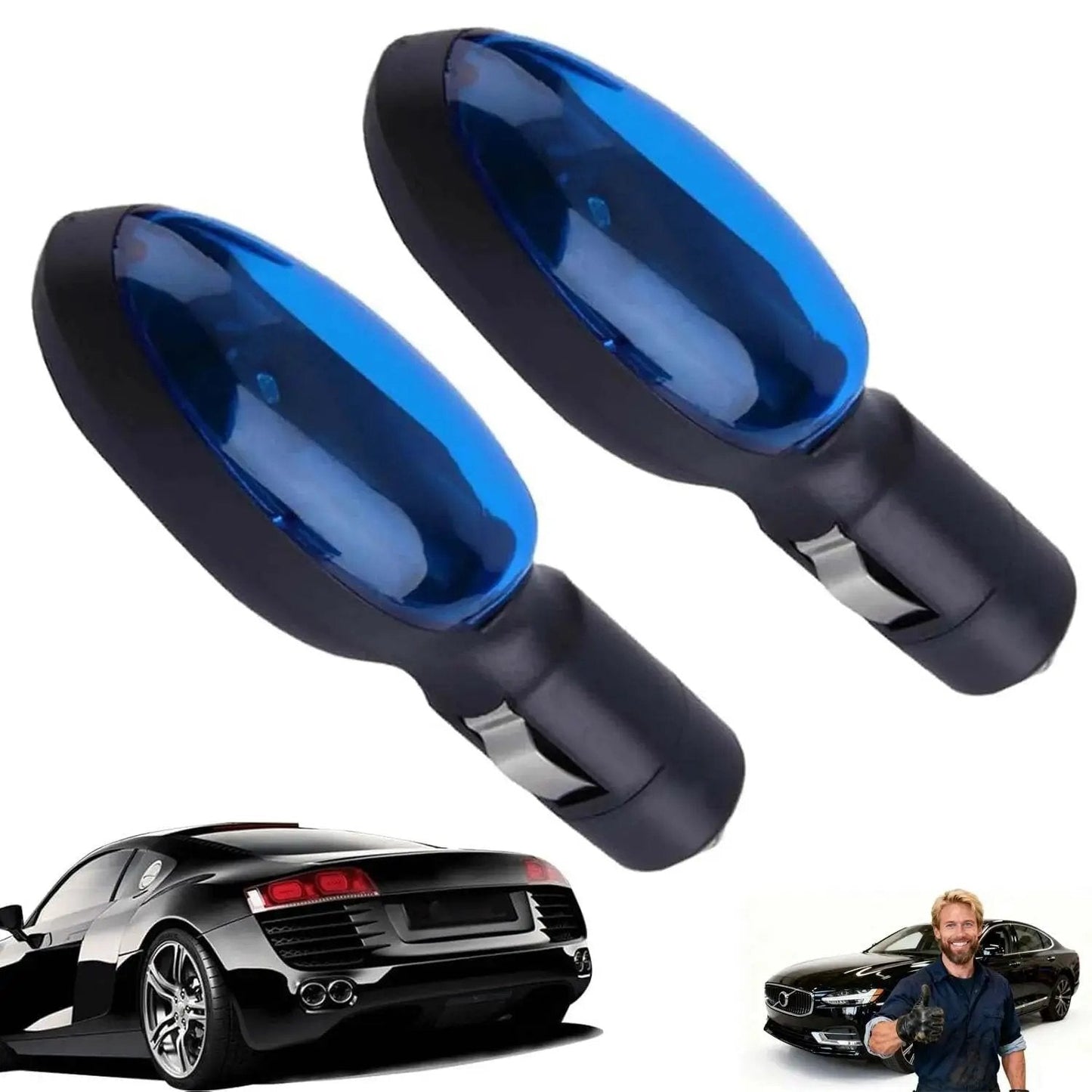 Plug And Play Gas Saver For Cars And Trucks Portable Fuel Economy Device 2 Pack, blue-black finish, shown with car