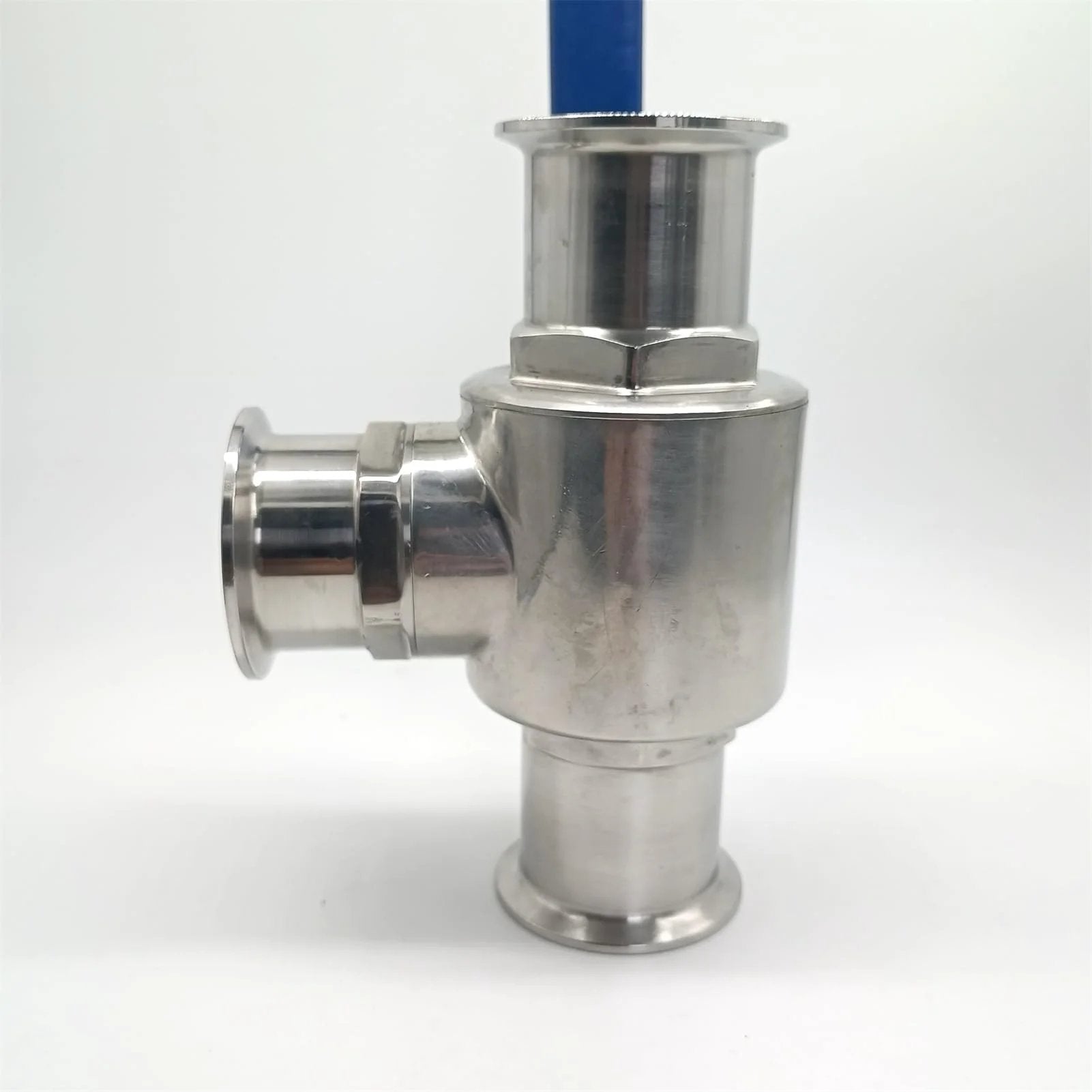 2 Inch Tri Clamp Sanitary Ball Valve 3 Way T Port for Flexible Fluid Routing with PTFE Seat and 304 Stainless Steel Body, side view.