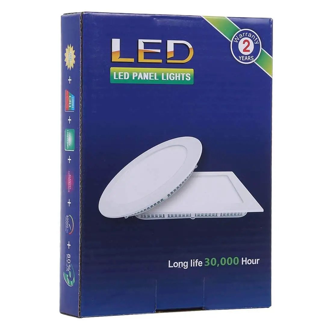 LED panel lights packaging with 2-year warranty and 30,000-hour lifespan label