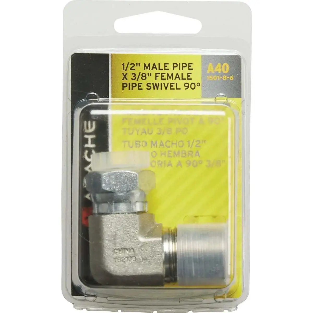 One Half Inch Male Pipe To Three Eighth Inch Female Pipe Swivel 90 Degree Hydraulic Adapter For Plumbing And Hydraulics in packaging