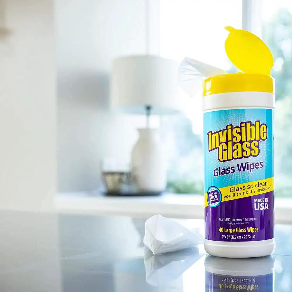 Pack Of 3 Pre-Moistened Glass Wipes, Streak-Free And Lint-Free For Windows, in canister on kitchen counter