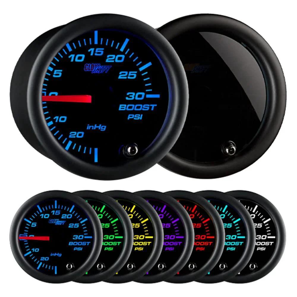 Tinted 7 Color 30 PSI Turbo Boost And Vacuum Gauge Kit With Mechanical Hose T Fitting And Wiring, Multi Color Display, Black Dial, Smoked Lens For Car And Truck 52mm Gauge Set GlowShift