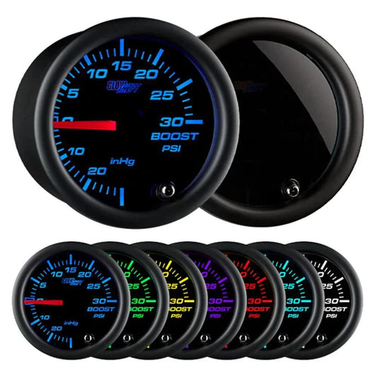 Tinted 7 Color 30 PSI Turbo Boost And Vacuum Gauge Kit With Mechanical Hose T Fitting And Wiring, Multi Color Display, Black Dial, Smoked Lens For Car And Truck 52mm Gauge Set GlowShift
