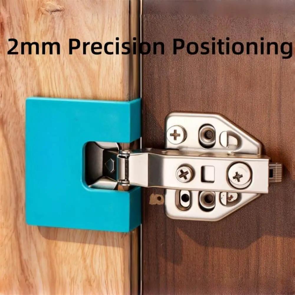 Effortless Magnetic Hinge Jig Kit For Quick Door Installs With Adjustable Guide And Accurate Hinge Mortising And Cutting Fits Most Doors Blue 4 Pack DIY Home Improvement Tool in use on wooden door showing 2mm precision positioning.