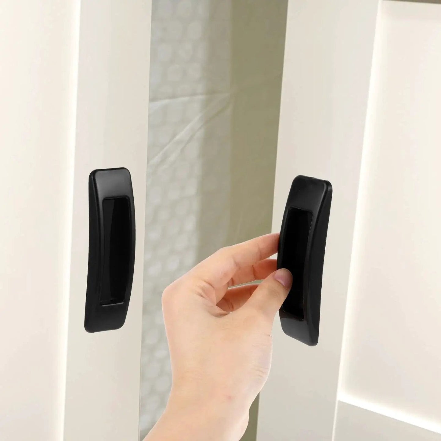 Self Stick Cabinet Handles 4 Pack Black Plastic Drawer Knobs For Cabinets Wardrobes Sliding Doors And Windows installed on door