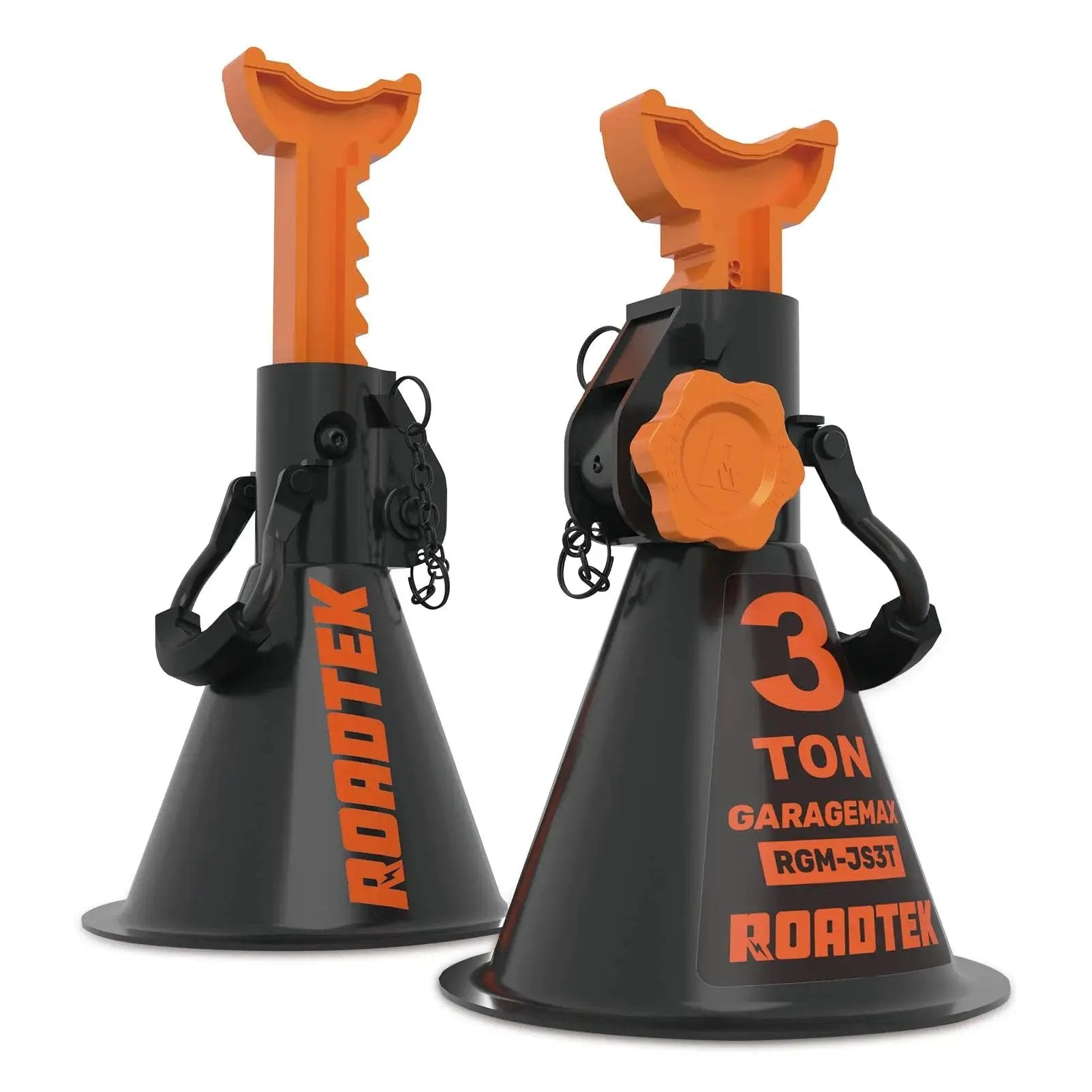 3 Ton Jack Stands With Integrated Steel Base And Double Locking For SUV in black and orange, set of 2, front view.