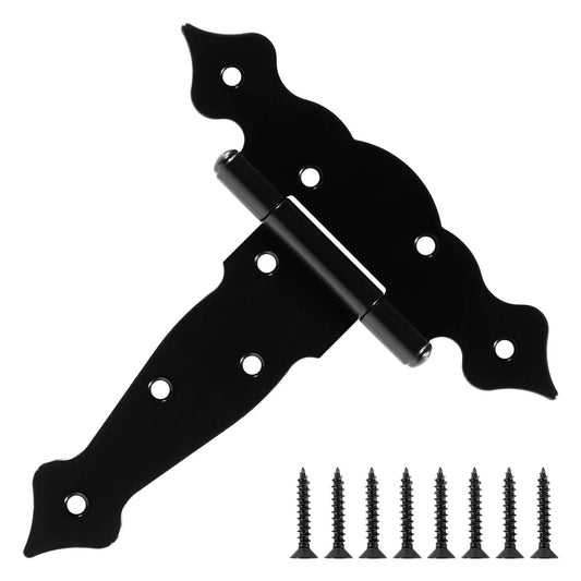 4 Pack Heavy Duty 6 Inch T Strap Gate Hinges 2mm Thick Universal Barn Shed Door Hardware with screws, black iron, front view.