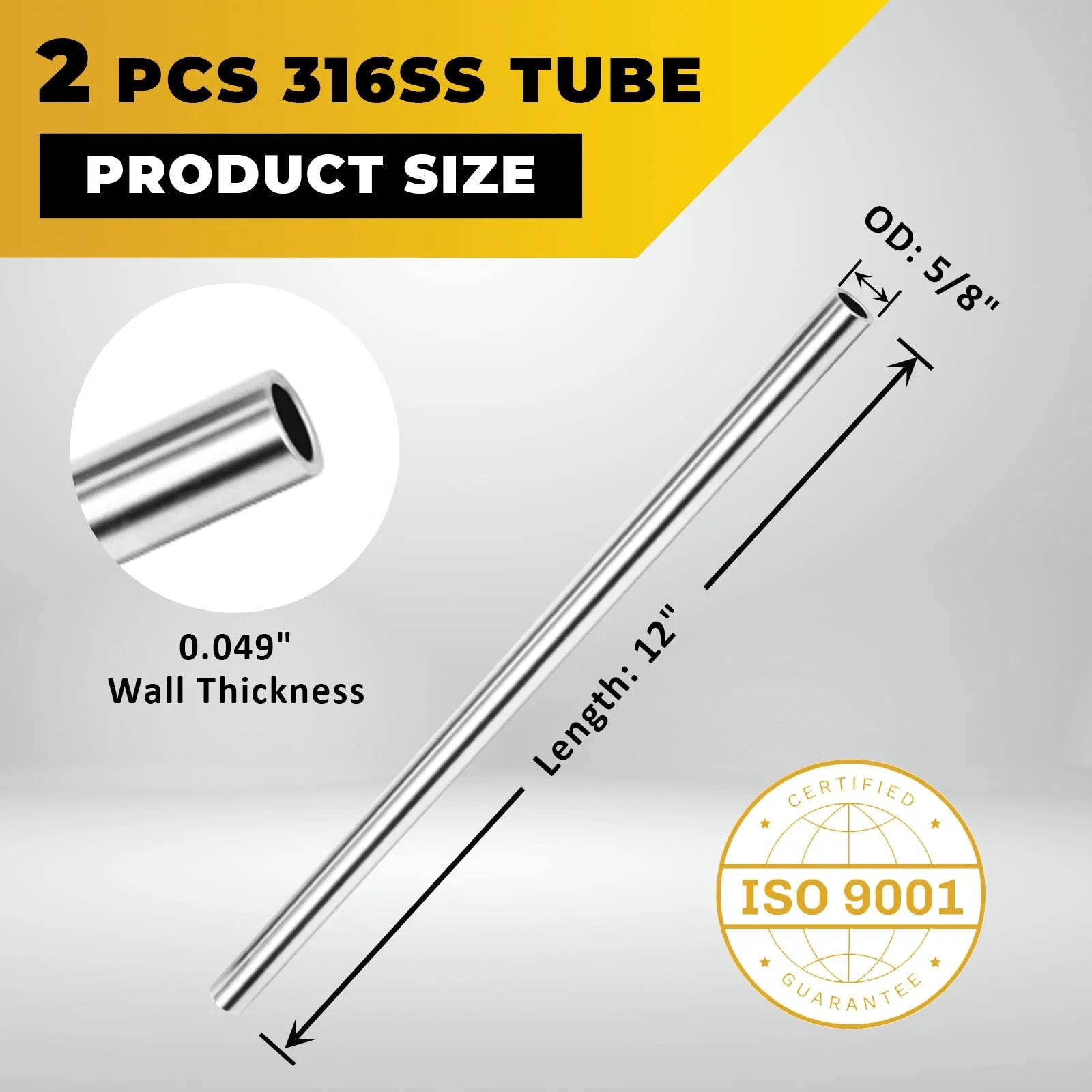 2 pcs 316 Stainless Steel Tube 5/8 Inch OD Built Tough For Marine And Chemical Use, 12 Inch Length Round Straight Steel Pipe, diagram showing dimensions.