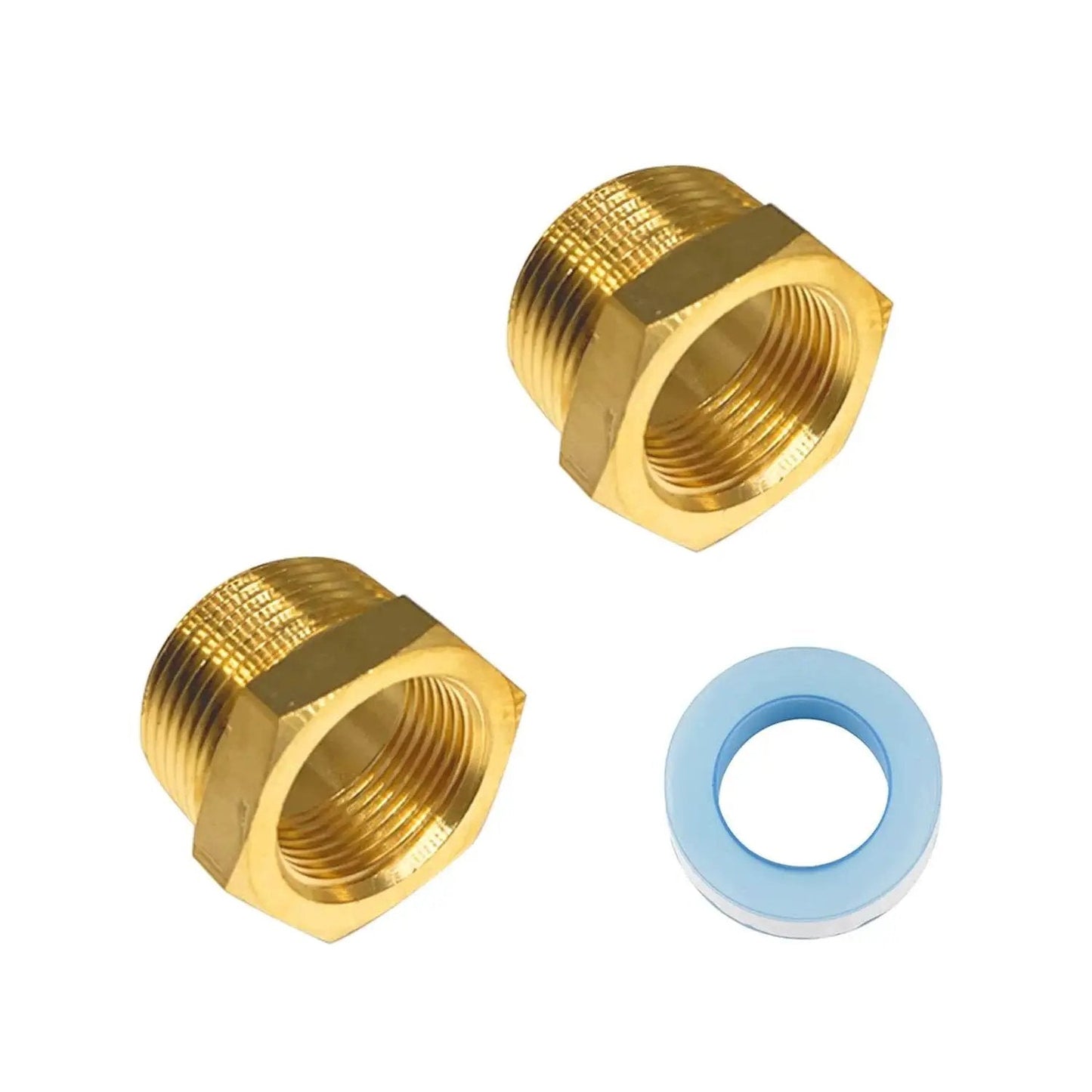 Brass Hex Bushing Reducer Set One Half Inch NPT Male To Three Eighth Inch NPT Female 2 Pack With Sealing Tape