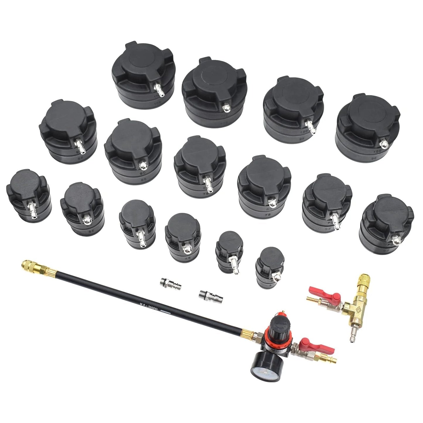 Turbo System Leakage Tester Kit With 19-Piece Set And 8 Stepped Adapters From 1 1/4 Inch To 4 1/4 Inch, Air Pressure Gauge