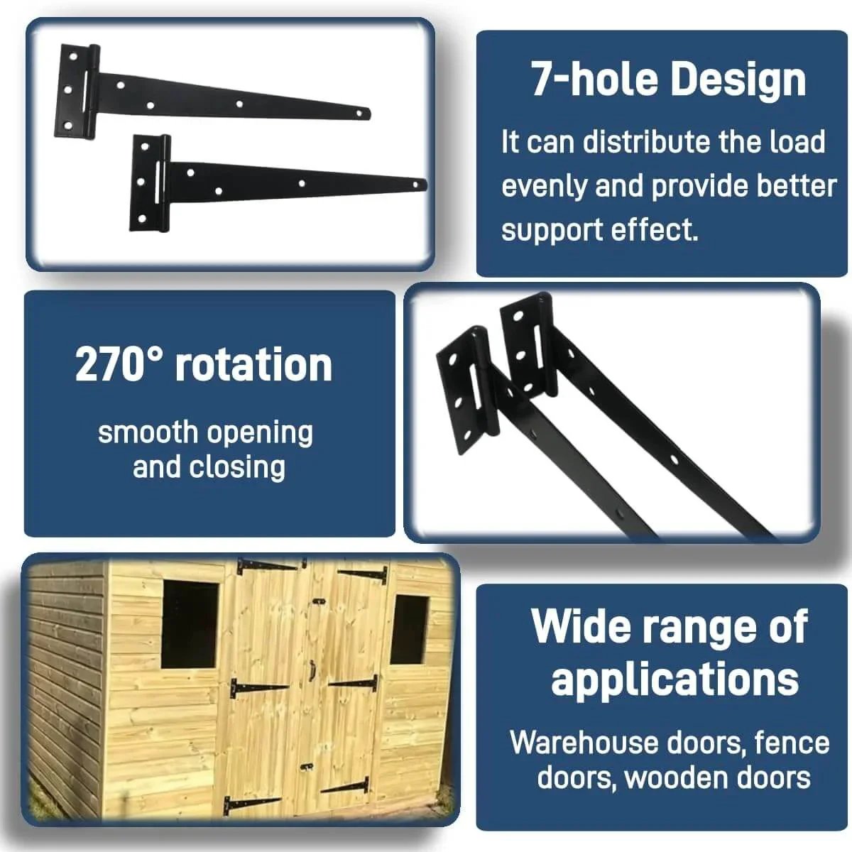 Four Pack 10 Inch T Gate Hinge Heavy Duty Outdoor Rustproof Black Strap Hinges for Barn Doors with 7-hole design and 270° rotation.