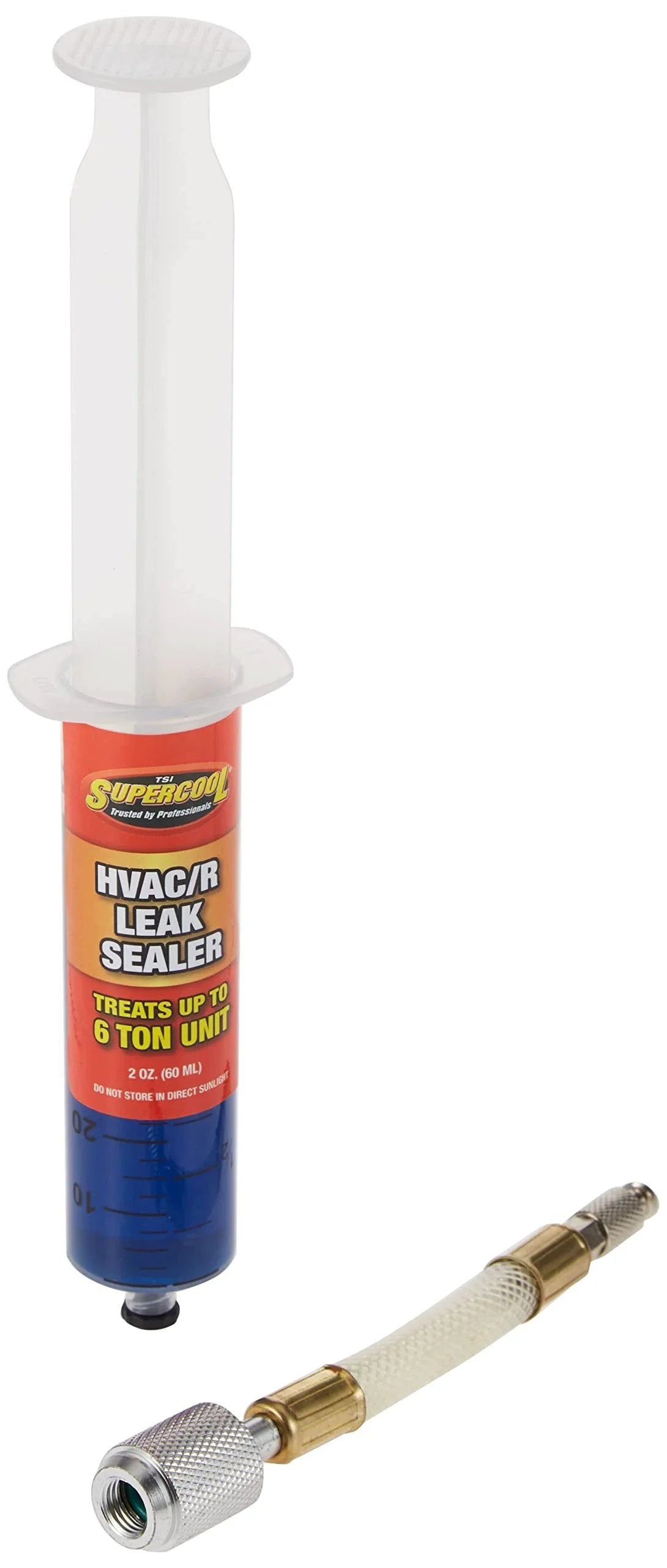 HVAC Leak Stop Syringe With Application Hose 2 Oz 60 Ml Universal Fit Not For Automotive Use Permanently Seals Leaks In A C And Refrigeration Systems Non Polymer Formula That Protects Against Corrosion TSI Supercool 28399, front view