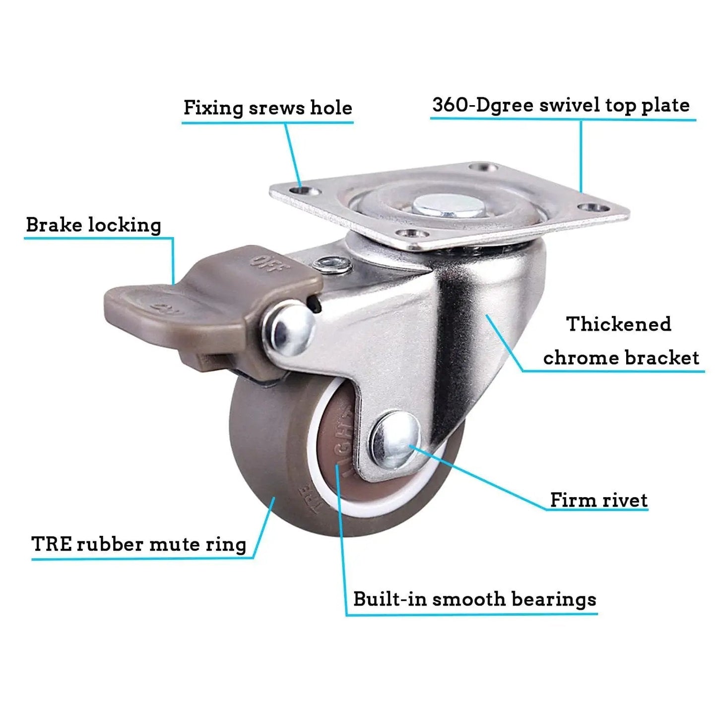 1 Inch Plate Caster Wheels Low Profile Swivel Casters Set Of 4 Heavy Duty 99 Lb Capacity with brakes, quiet rubber wheels, thickened bracket
