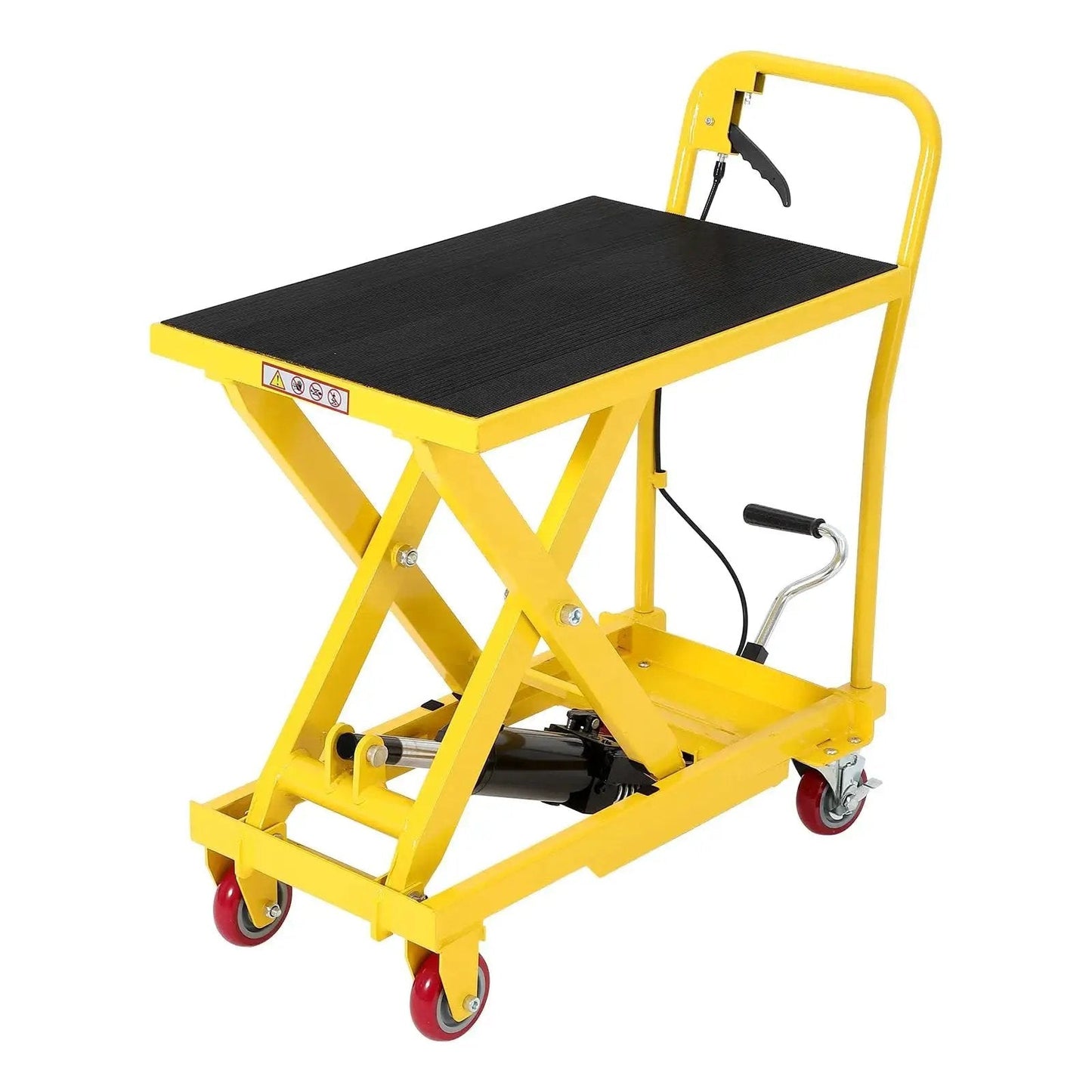 Hydraulic Lift Table Cart 1100 Lb Capacity 10 To 32 In Lift Height With Wheels, yellow metal with red casters, side view.
