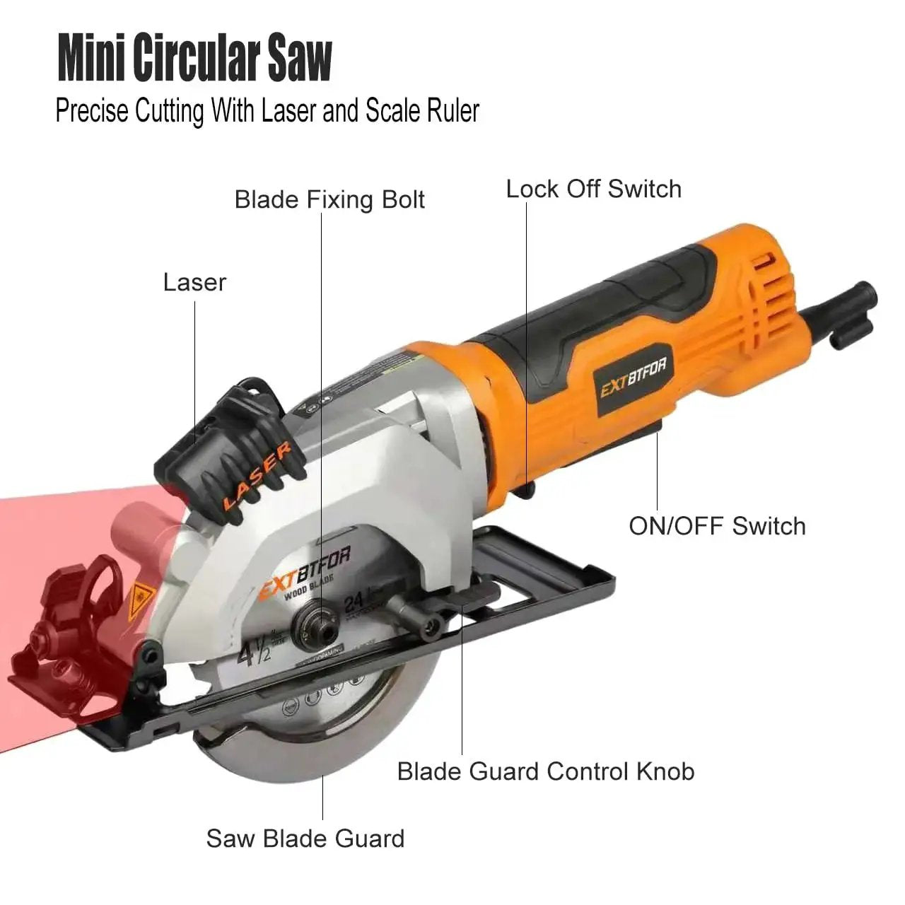 Powerful Corded Mini Circular Saw With Laser Guide Extbtfor, 580W 4.8A Motor shown with labeled parts and laser guide