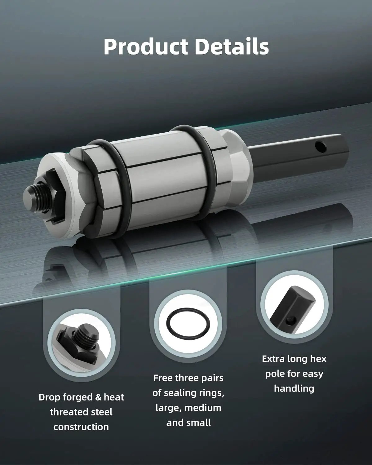 3-Piece Pipe Expander Tool Set 1/8 To 3-1/2 Inch Capacity Tail Pipe Expander And Muffler Spreader shown with sealing rings and hex pole
