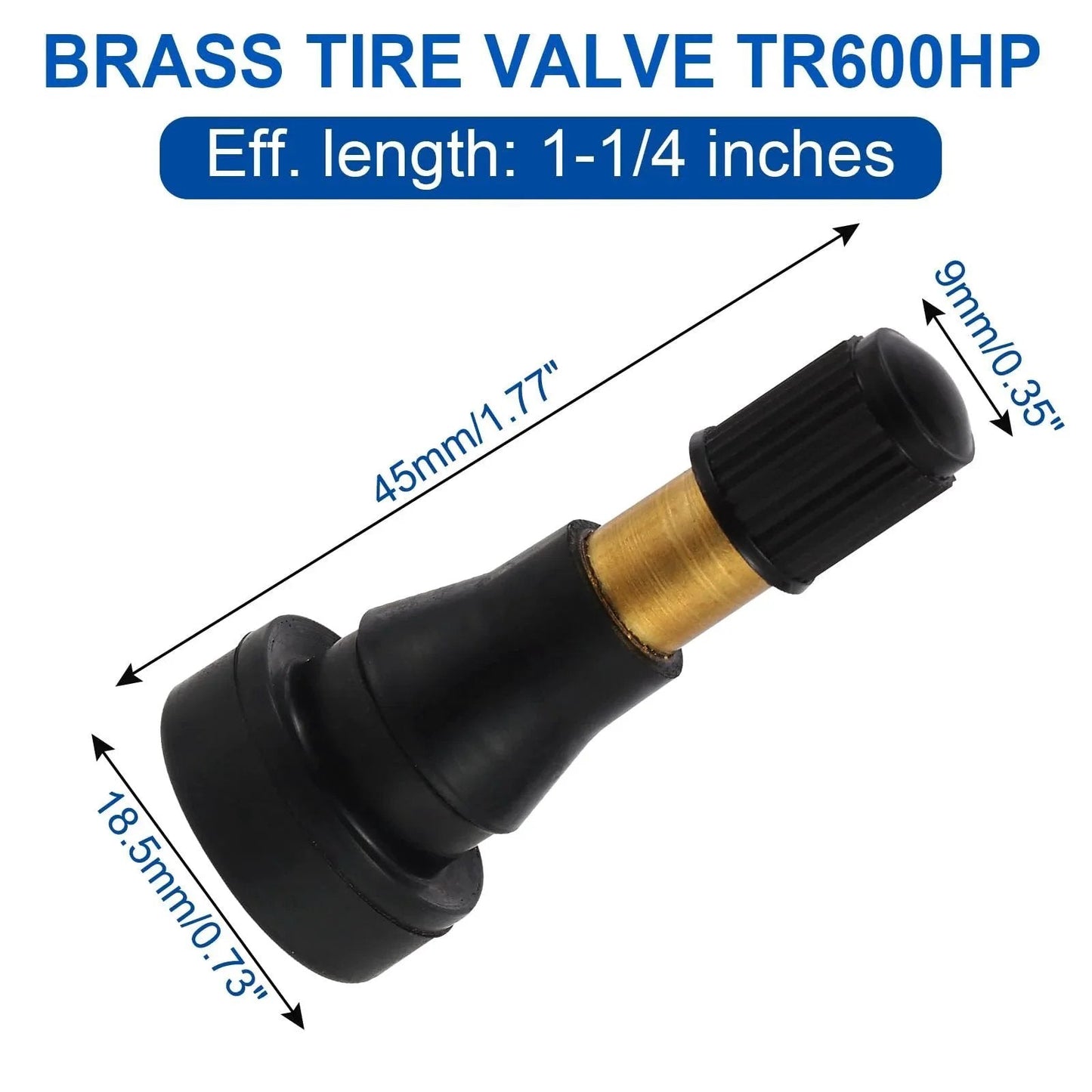 TR600HP Snap-In High Pressure Tire Valve Stems for Tubeless Rims, brass and EPDM seal, 0.453 inch hole diameter, side view