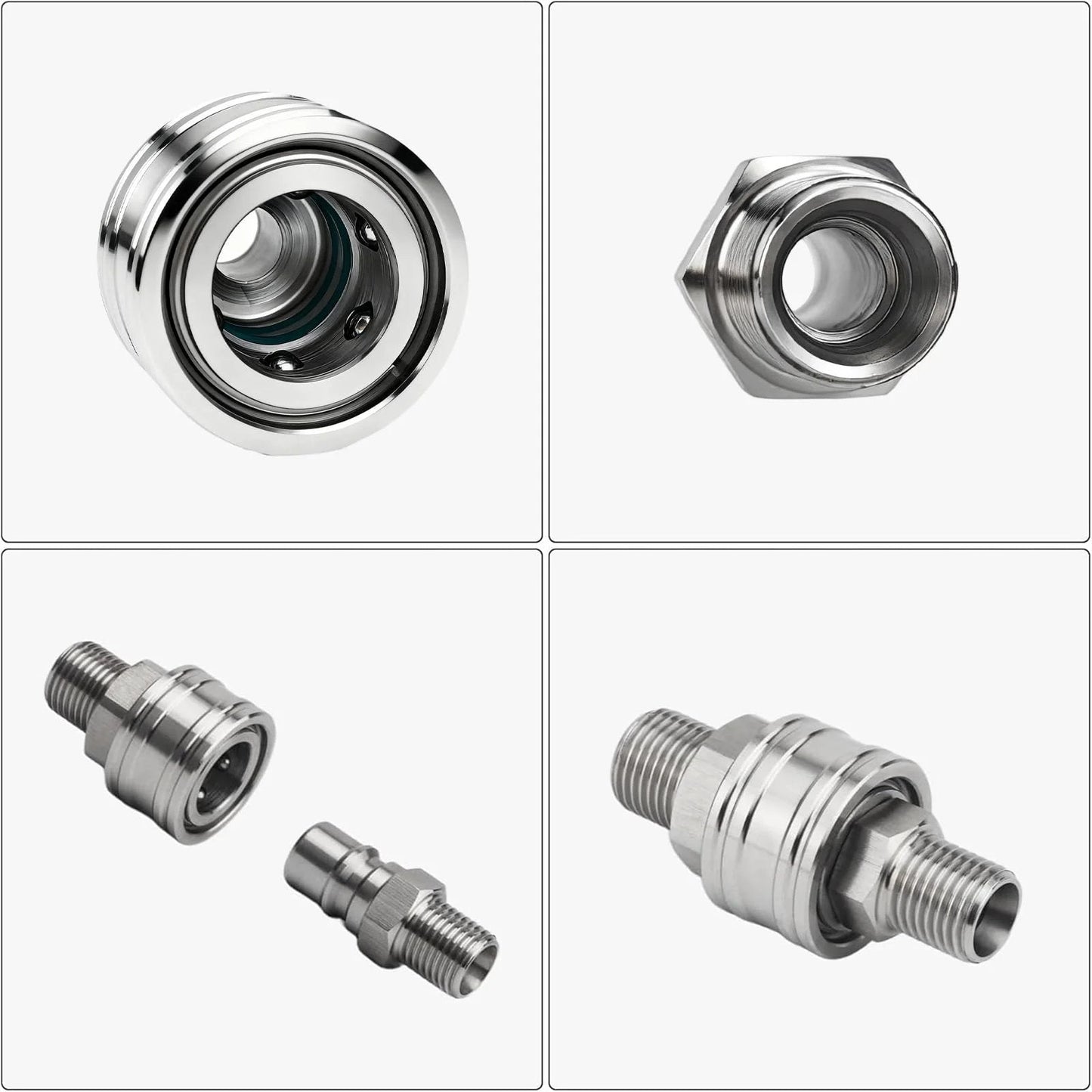 M16 To M14 Dual Channel Hydraulic Quick Connect Adapter Kit for mini excavators showing front, side, and close-up views.