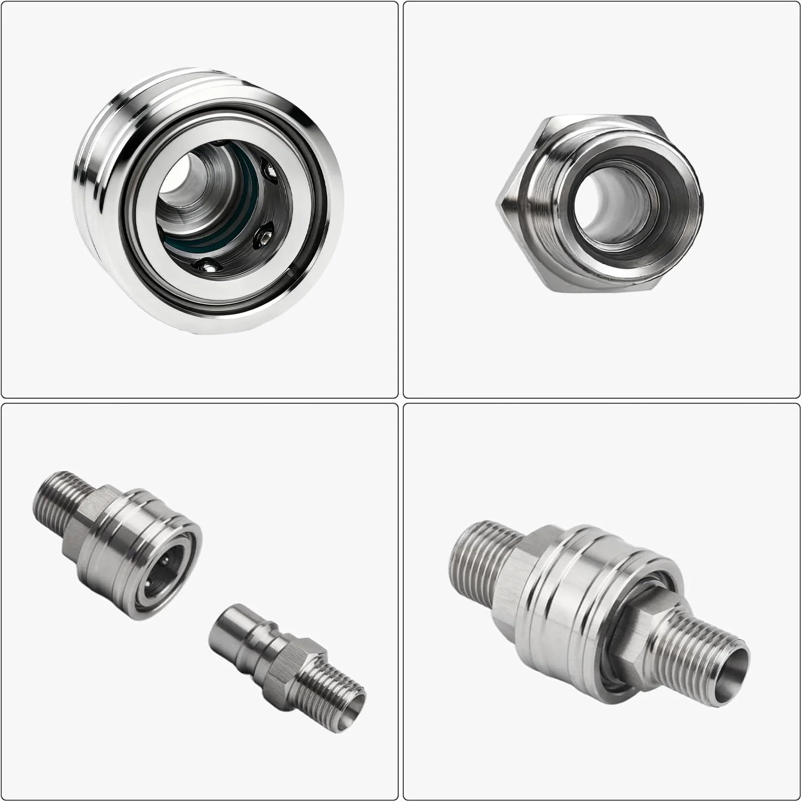 M16 To M14 Dual Channel Hydraulic Quick Connect Adapter Kit for mini excavators showing front, side, and close-up views.