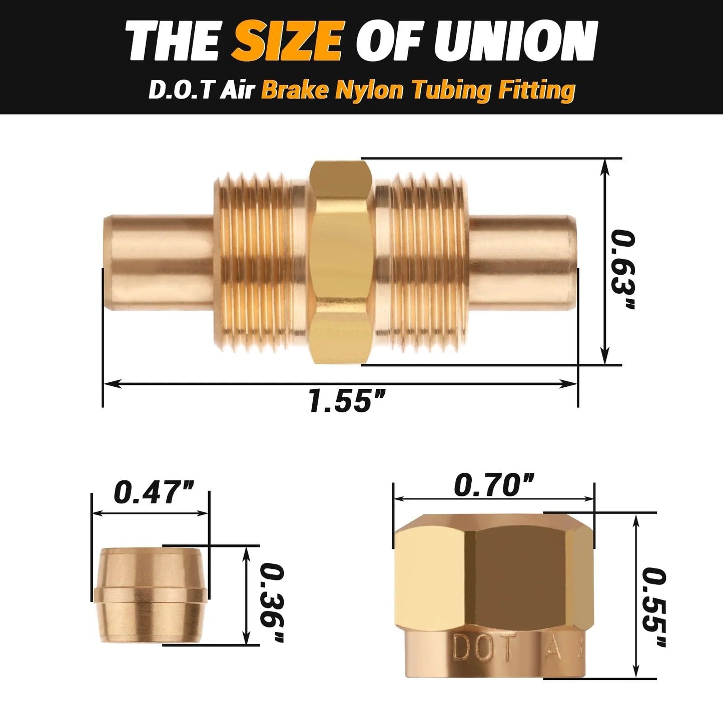 Pro Grade DOT Brass Compression Straight Union Fittings For 3 Eighths Inch Nylon Tubing Air Lines Pack Of Four Ideal For Pneumatic Systems Durable CA360 Brass Corrosion Resistant High Temp Tolerant Built To Last size diagram.