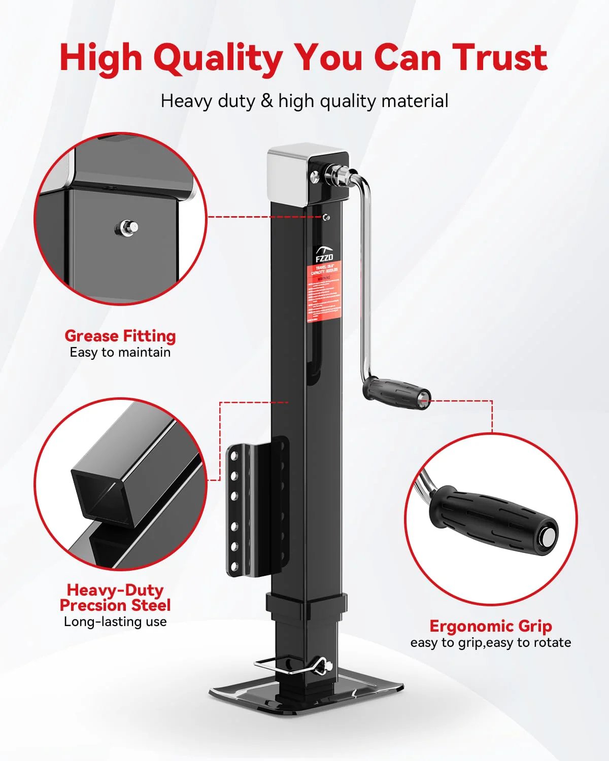 Beefy 8000 Lbs Heavy Duty Trailer Jack With 20-24V Cordless Drill Compatibility And 28.6 Inch Lift, ergonomic grip