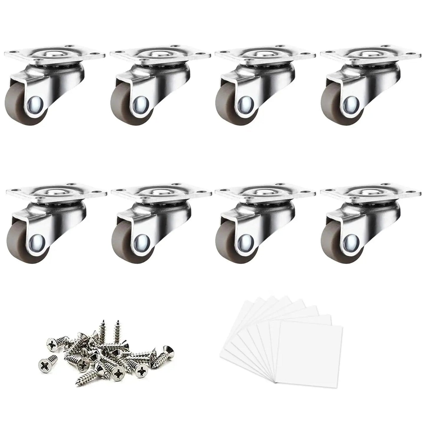0.5 Inch Mini Swivel Caster Wheels With Self Adhesive Plate Low Profile Rubber Casters For Furniture And Small Kitchen Appliances Lightweight Projects 8 Pack Each Set Of 4 Supports Up To 55 Lbs, shown with screws and adhesive pads.