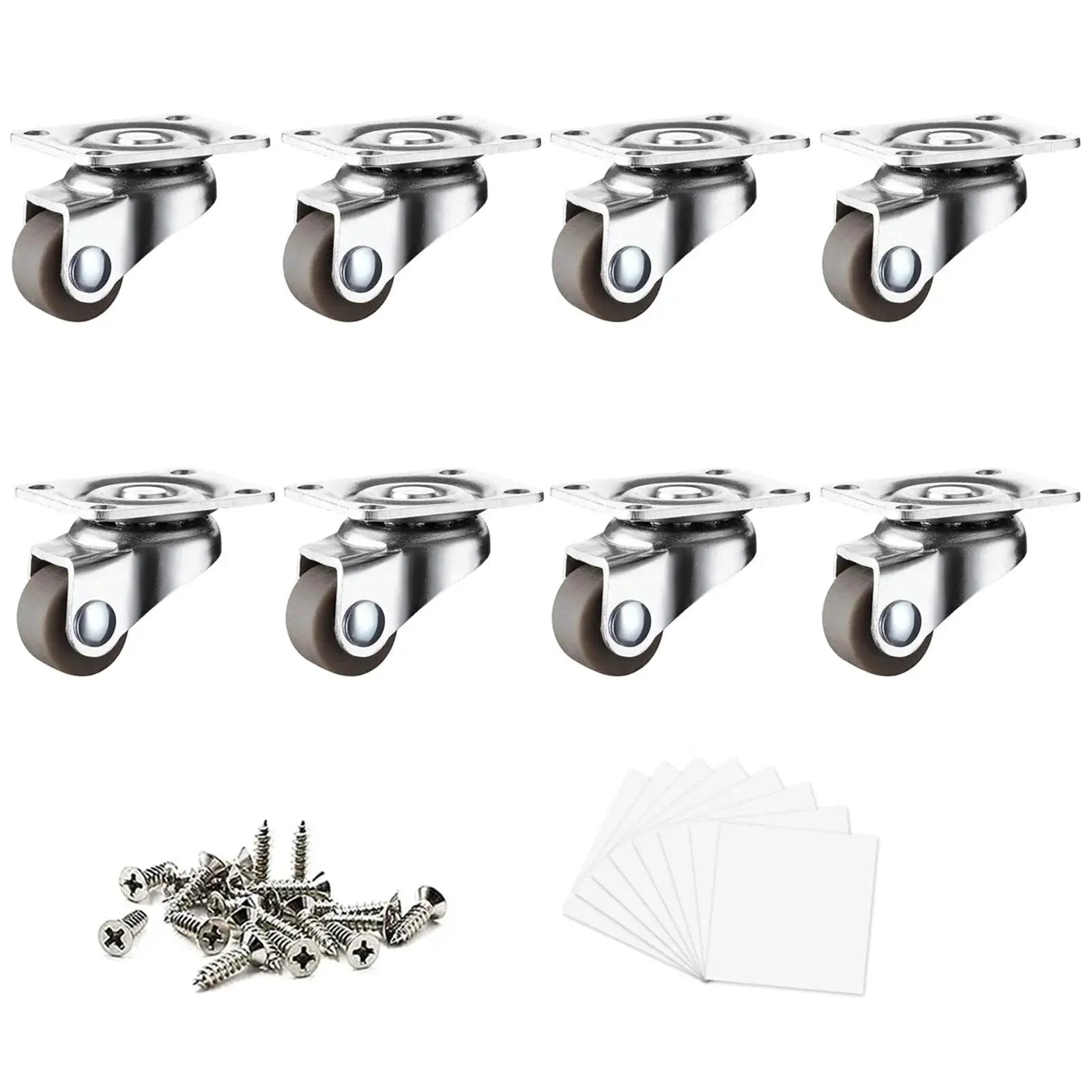 0.5 Inch Mini Swivel Caster Wheels With Self Adhesive Plate Low Profile Rubber Casters For Furniture And Small Kitchen Appliances Lightweight Projects 8 Pack Each Set Of 4 Supports Up To 55 Lbs, shown with screws and adhesive pads.