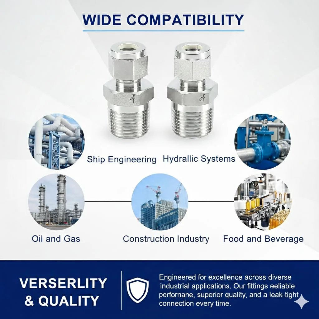 Premium 316 Stainless Steel Compression Tube Fitting Half Inch OD To Half Inch NPT Male Straight Adapter With Double Ferrules