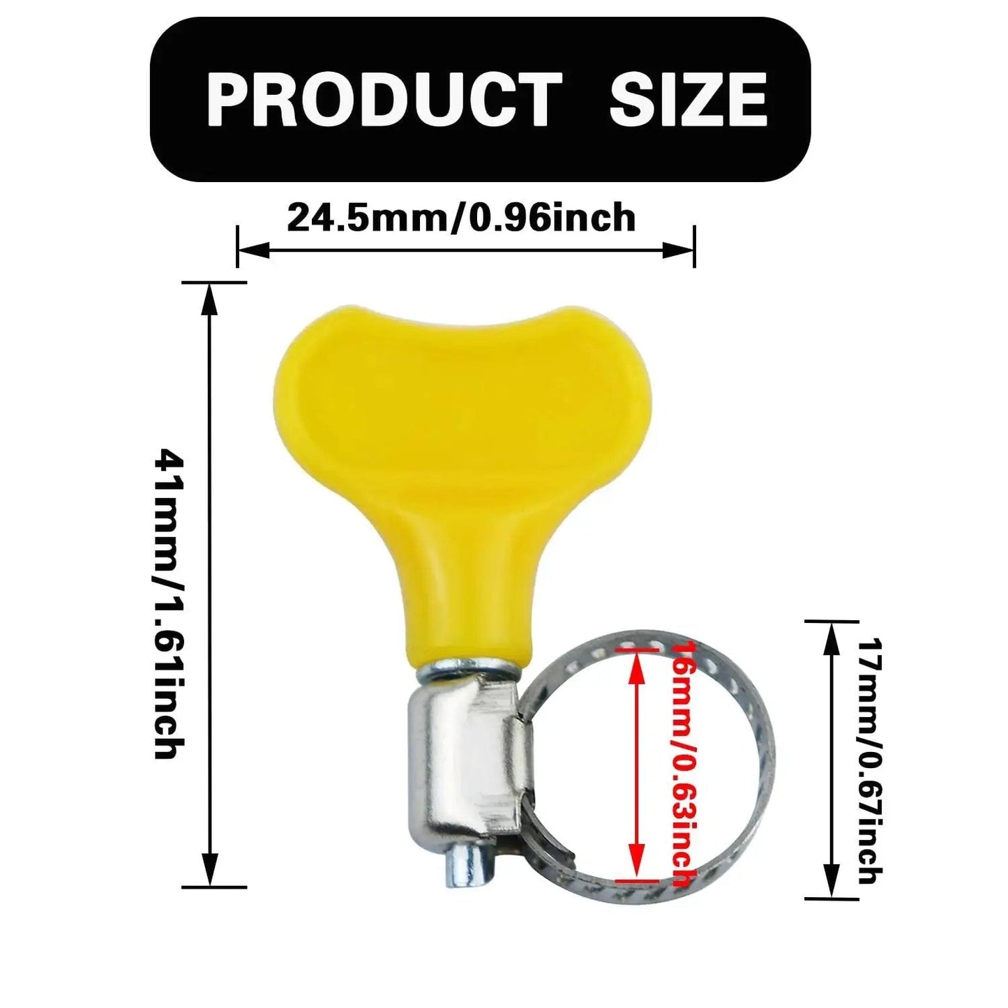 Product dimensions of Stainless Steel Yellow Hose Clamps 10 To 16 Millimeters Adjustable Pack Of 20 for home brewing plumbing.