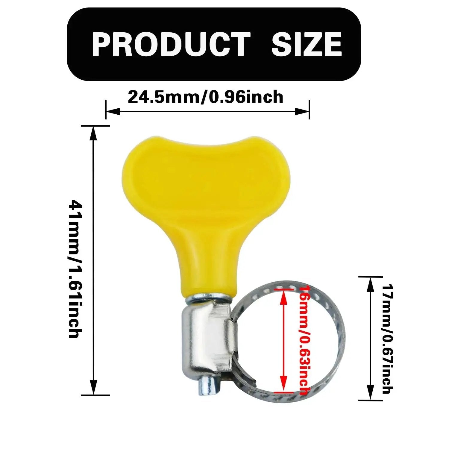 Product dimensions of Stainless Steel Yellow Hose Clamps 10 To 16 Millimeters Adjustable Pack Of 20 for home brewing plumbing.