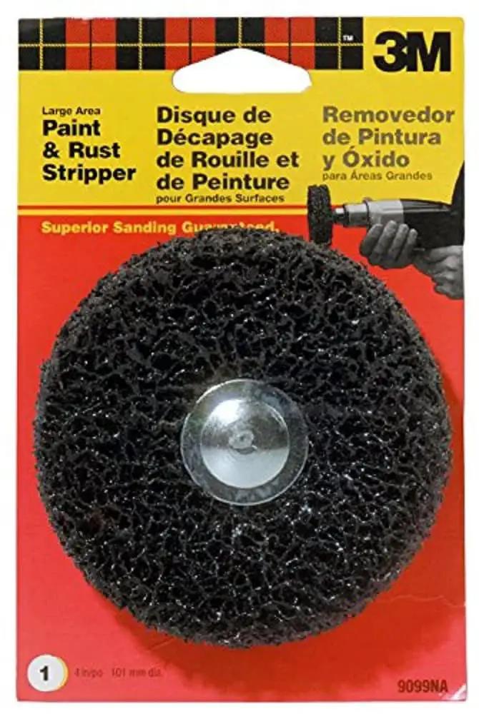 Large Area Paint And Rust Stripper disc for wood, metal, and concrete surfaces in packaging. Fast-acting professional grade surface prep solution.