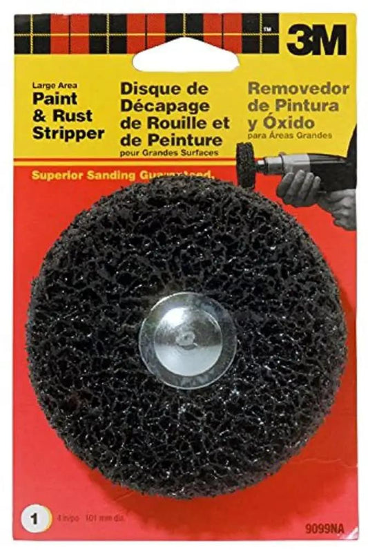 Large Area Paint And Rust Stripper disc for wood, metal, and concrete surfaces in packaging. Fast-acting professional grade surface prep solution.