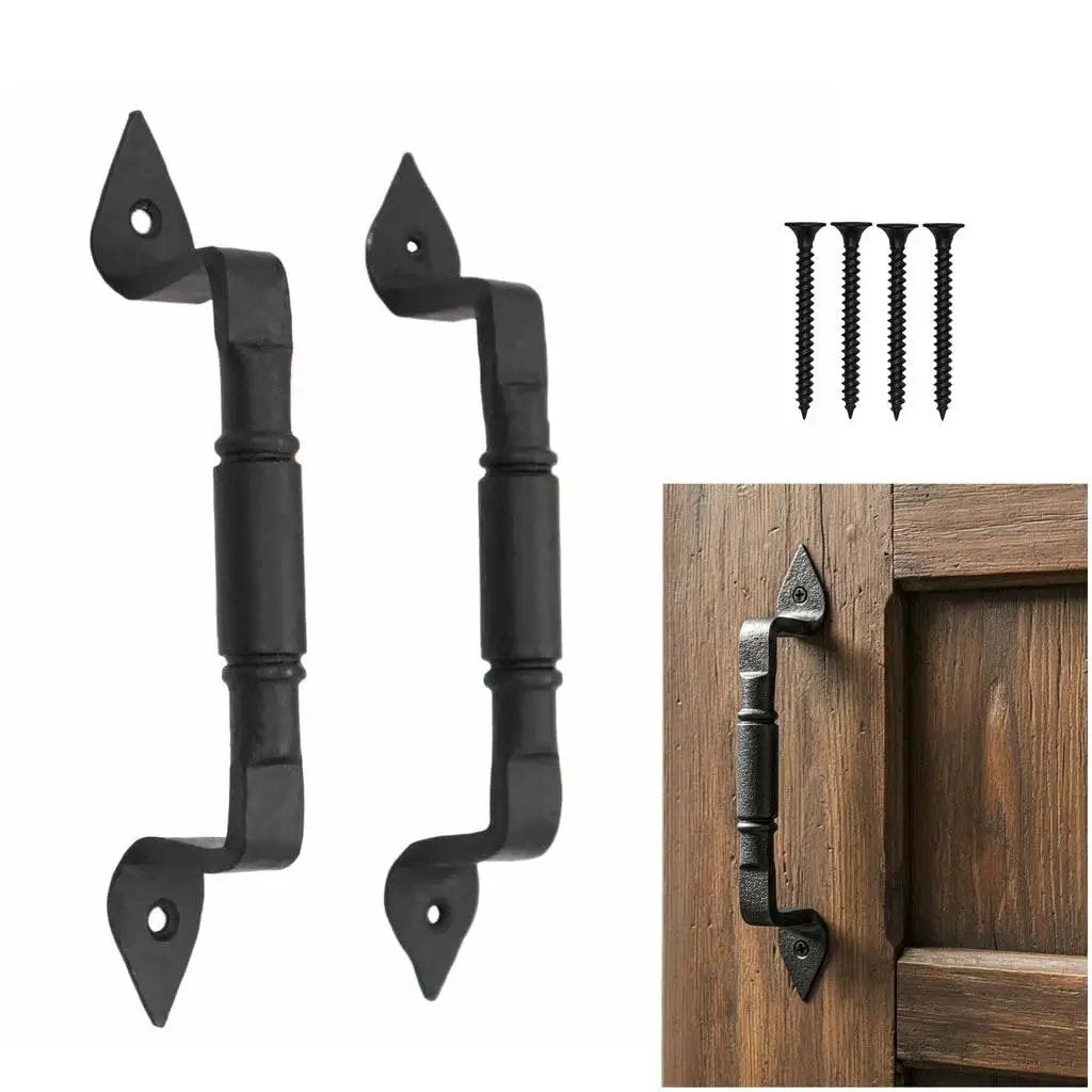 Mystic Colonial Rustic Cast Iron Barn Door Handles Set Of 2 In Black Finish with screws and installation on wooden cabinet