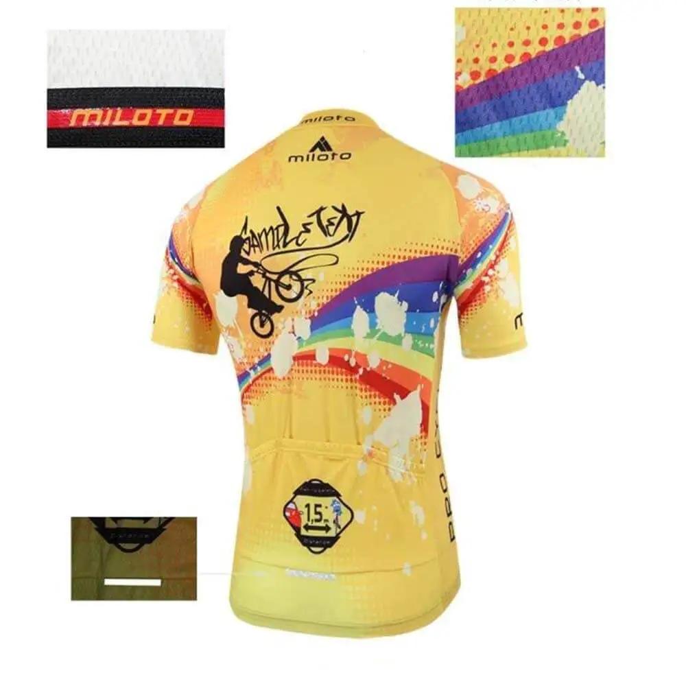Yellow BMX cycling jersey with multicolor graphics and text design, featuring breathable fabric and detailed texture close-ups.