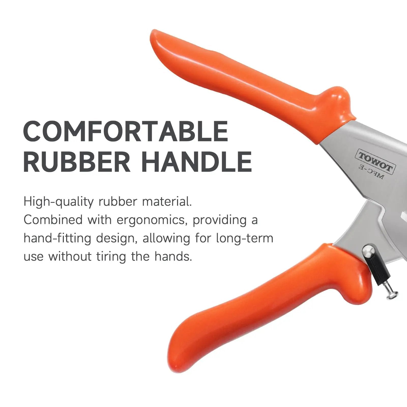 Close-up of orange rubber handle on Multi Angle Miter Shear Cutter With Adjustable 45 To 135 Degrees And Safety Lock For DIY Home Improvement Cutting Plastic PVC Molding Trim Pro Grade Stainless Steel Blades For Fast Clean Cuts.