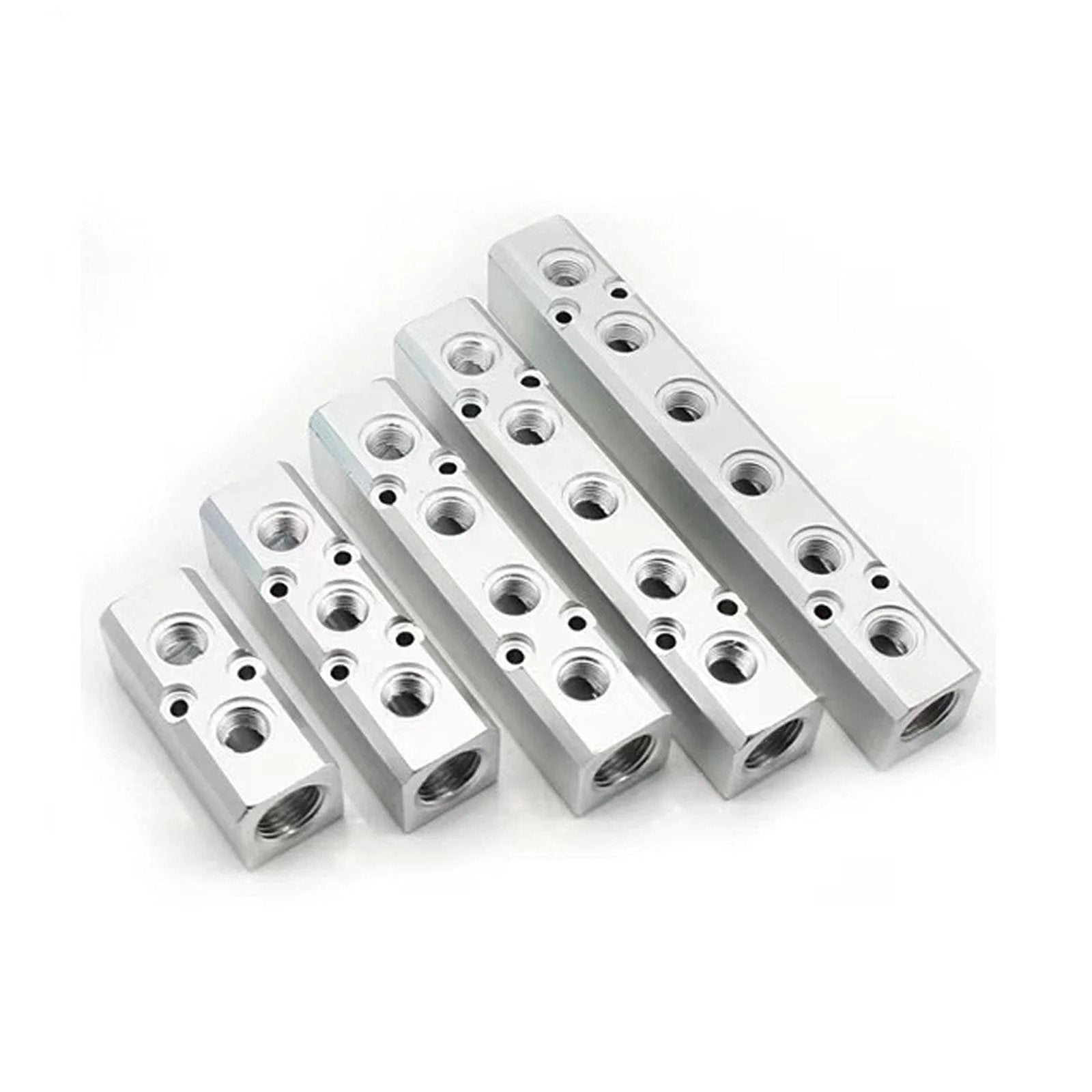 Two Way Pneumatic Manifold Air Distribution Block With Dual G One Half Inlets And G One Quarter Outlets aluminum alloy, five sizes displayed.