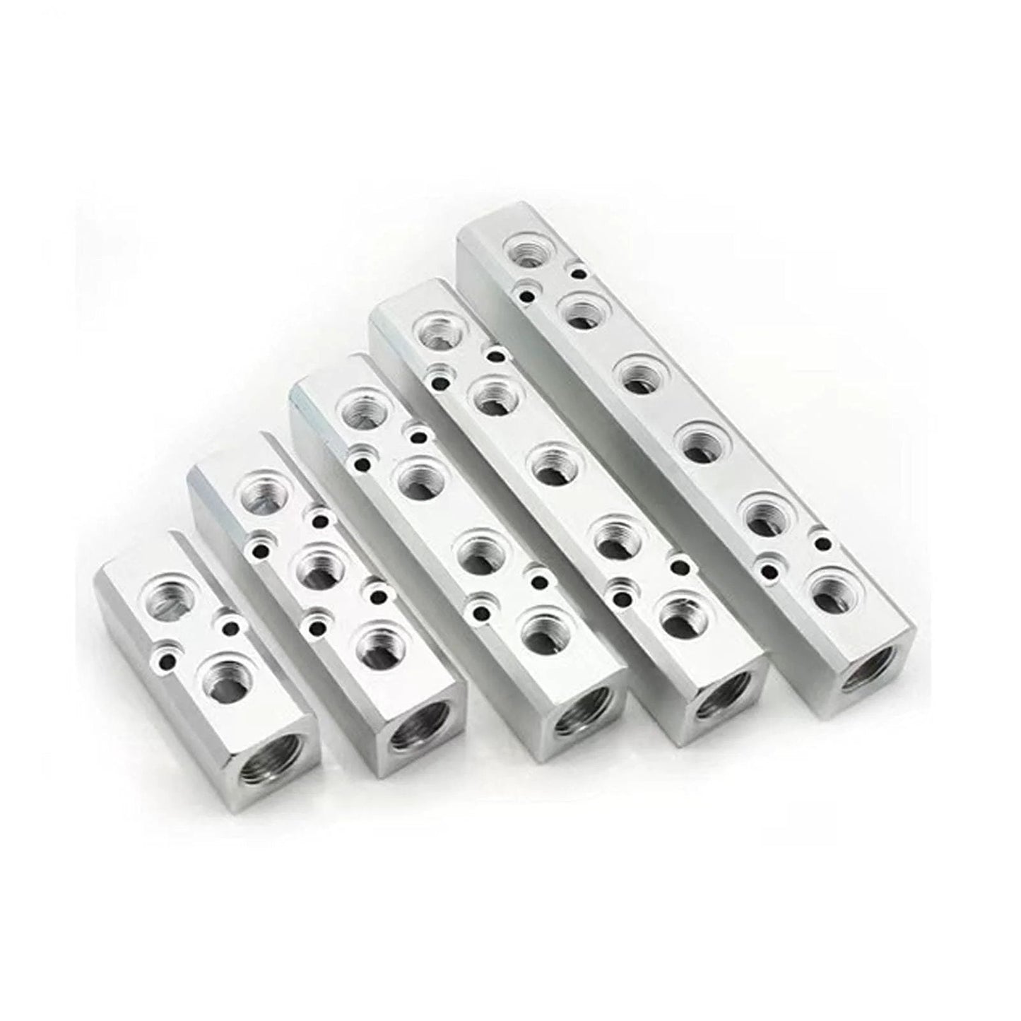 Two Way Pneumatic Manifold Air Distribution Block With Dual G One Half Inlets And G One Quarter Outlets, aluminum alloy construction.