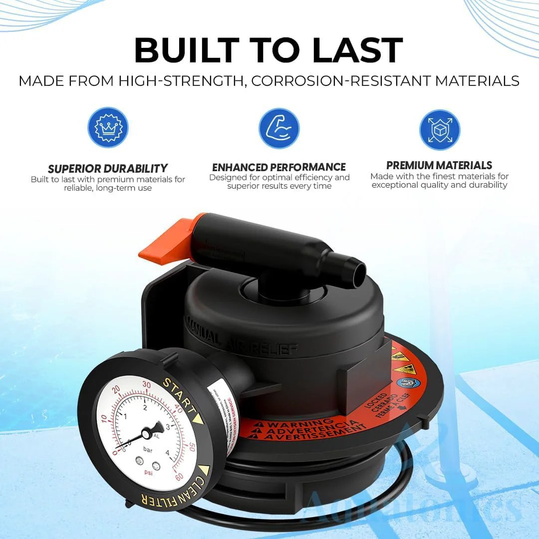 Replacement Manual Air Relief Valve Assembly With Pressure Gauge And O Rings For Hayward Pro Grid DE Filters And SwimClear Cartridge Filters Compatible With DEP 500 Series Durable Pool Filter Aquatonics, shown in close-up view.