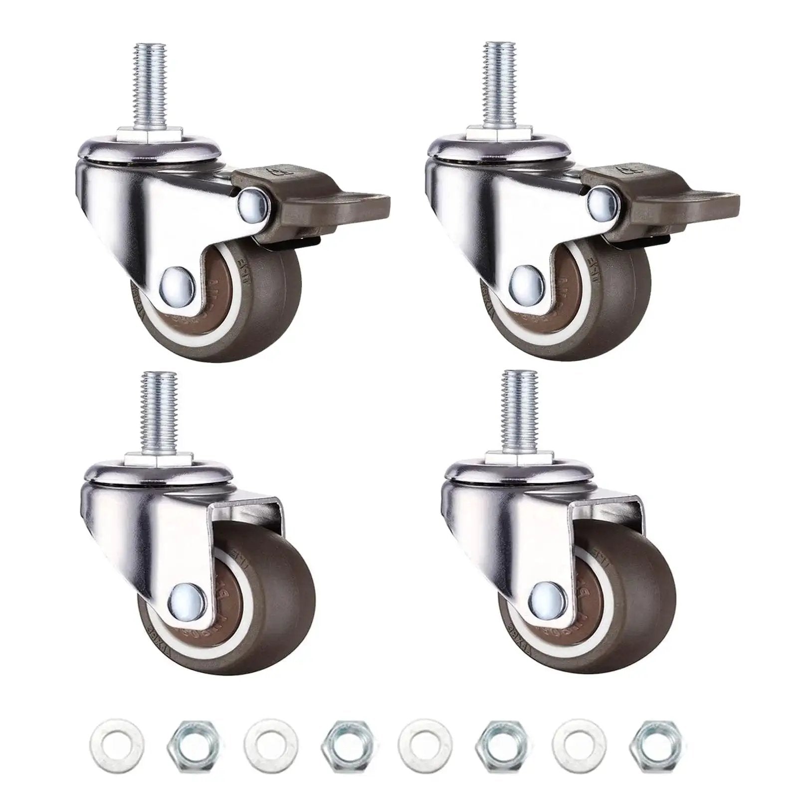1 Inch M6 Threaded Stem Casters Set Of 4 Heavy Duty Swivel Wheels With Brakes For Furniture And Small Carts TPE Rubber