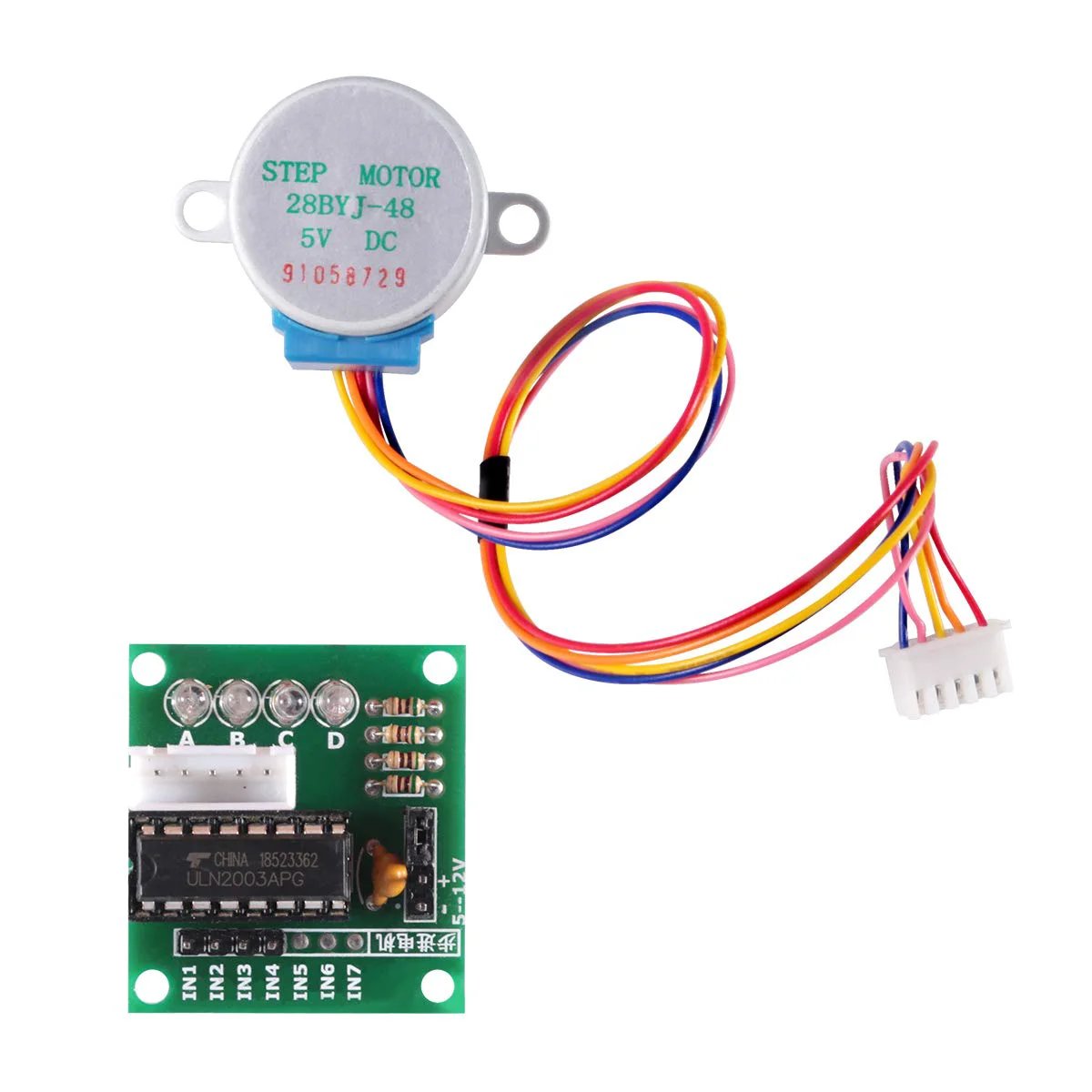 Front view of Six Pack 5V 28BYJ48 Stepper Motors With ULN2003 Driver Board, plug and play modules, colorful wiring visible.