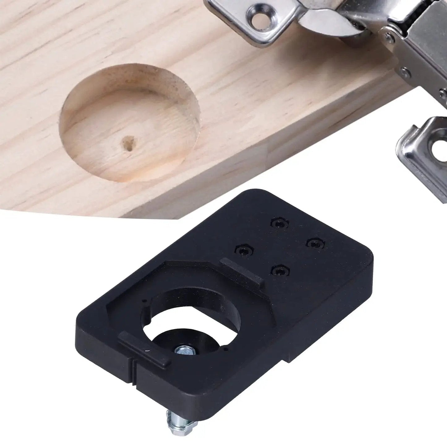 Household Woodworking Hinge Boring Jig Kit 35mm And 1.4 Inch Hole Opener showing jig and drilled wooden surface