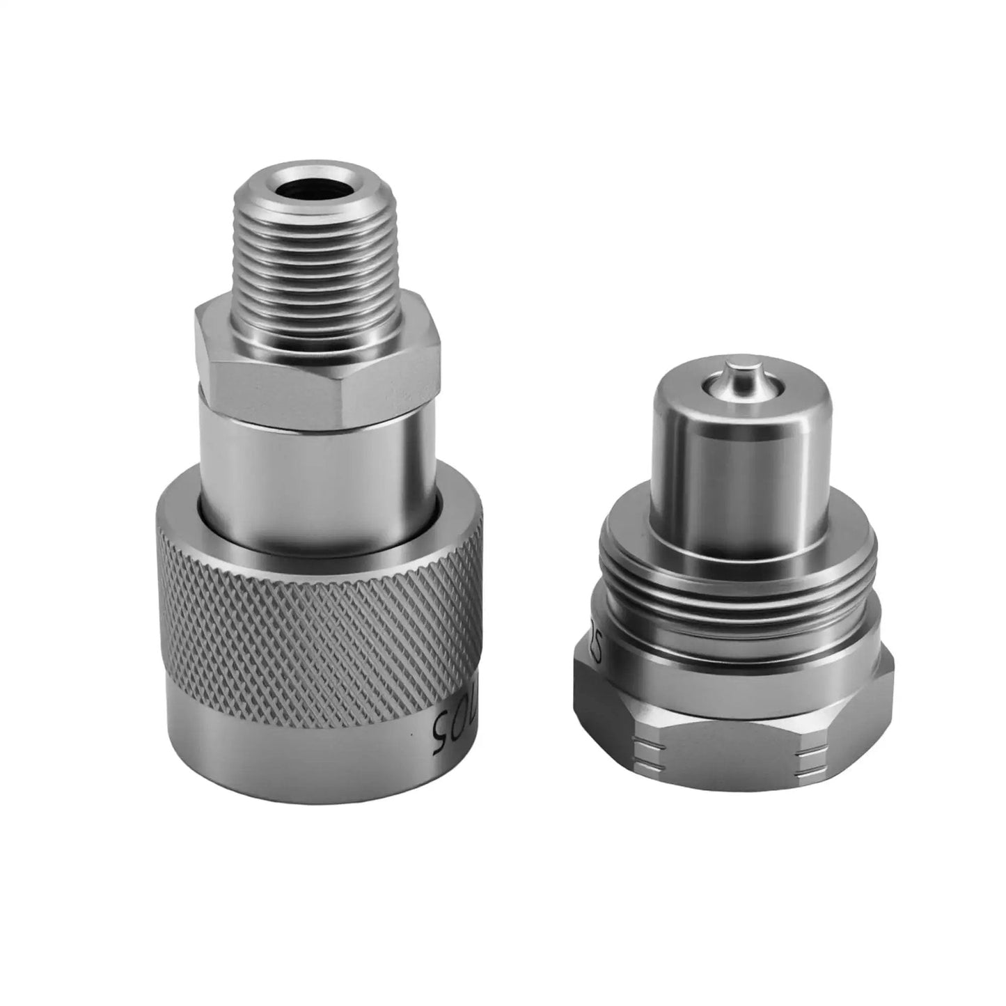 Beefed-Up High Flow 3/8 Inch Hydraulic Quick Coupler Set, 10,000 PSI, zinc nickel plated, corrosion-resistant design with dust caps.