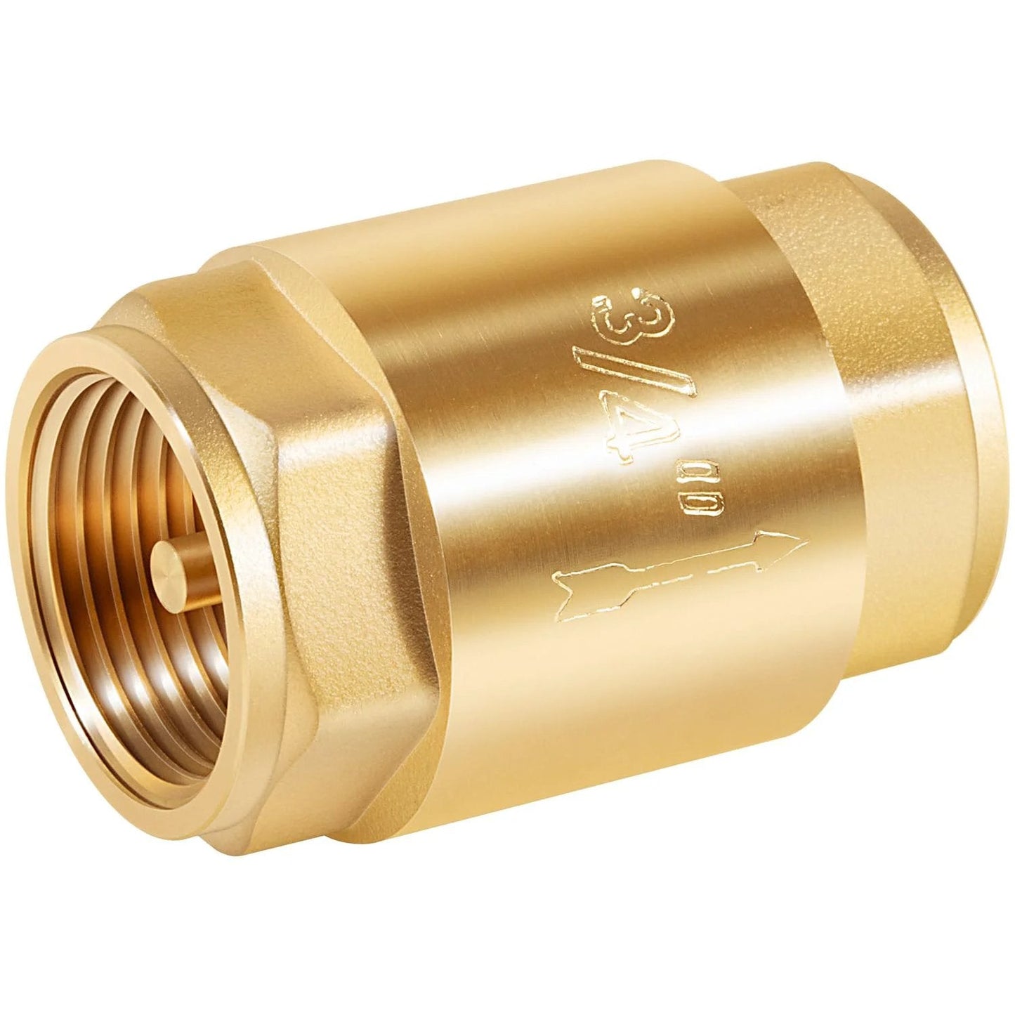Two Pack Brass In Line One Way Check Valve Three Quarter Inch IPS For Water Hose Backflow Prevention Ideal For Plumbing Irrigation And HVAC Systems For Home And Commercial Use, showing side view.