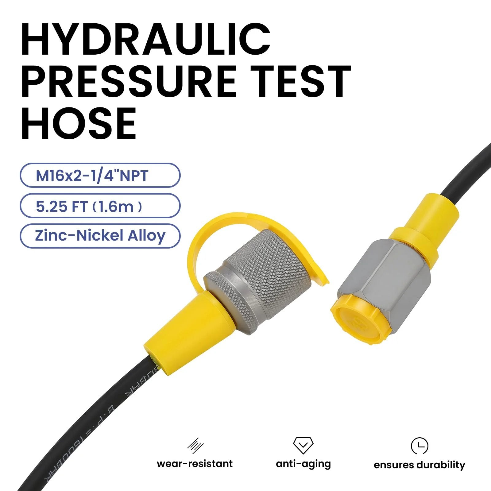 High Pressure Hydraulic Test Hose for 9000 PSI Systems With 630 BAR Working Pressure and 1600 BAR Burst, 1.6 Meter Length