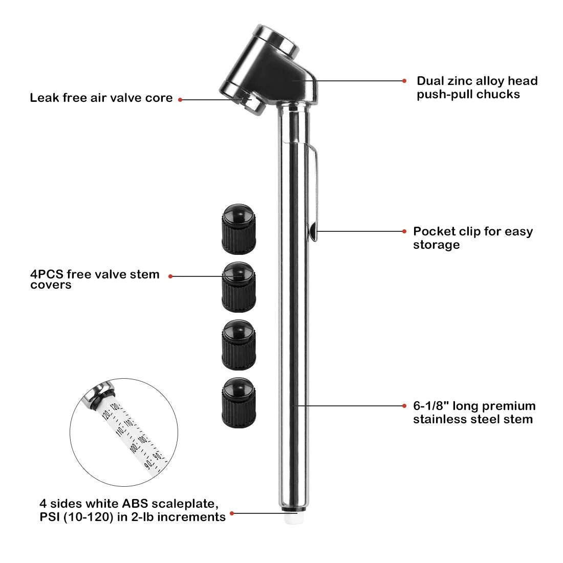 Pencil Tire Pressure Gauge Dual Head For Cars Trucks RVs ATVs Motorcycles And Bikes Mechanical Gauge With Stainless Steel Stem 10 To 120 PSI Silver 2 Pack CZC AUTO, showing dual chucks and scaleplate.
